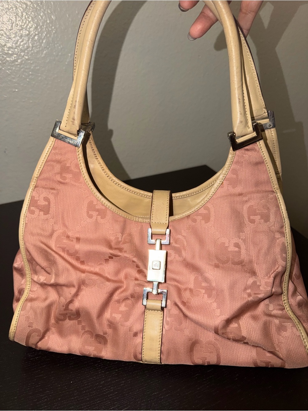 Gucci Jackie Shoulder Bag. Peach Monogram Shoulder Bag with Tan Trim